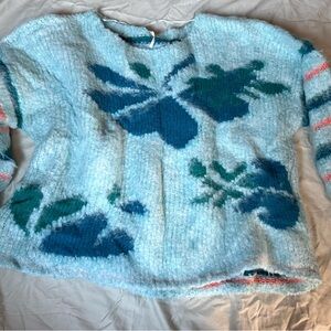 Free People Lily Pullover Floral Patterned Blue Sweater large